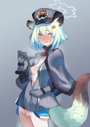 Rule 34 | 1girl, absurdres, animal ears, blue archive, blue hair, blush, bottomless, breasts, capelet, closed mouth, cowboy shot, erory6 (ro), female pubic hair, gloves, grey background, grey capelet, grey gloves, grey jacket, hair between eyes, hair ornament, hairclip, halo, hat, highres, jacket, licking lips, looking at viewer, peaked cap, pubic hair, shigure (blue archive), short hair, simple background, small breasts, solo, sweat, tail, tongue, tongue out, unzipping, weasel ears, weasel girl, weasel tail