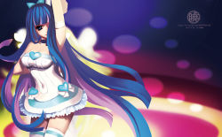 Rule 34 | 10s, 1girl, angel, arm up, armband, bad id, bad pixiv id, bare shoulders, blue eyes, blue hair, bow, choker, colored inner hair, dress, female focus, fiodo, frills, hair bow, heart, long hair, matching hair/eyes, multicolored hair, panty &amp; stocking with garterbelt, pole, purple hair, socks, solo, stocking (psg), striped clothes, striped socks, striped thighhighs, stripper pole, thighhighs, two-tone hair, very long hair, wings, zettai ryouiki