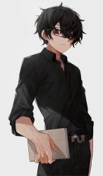 Rule 34 | 1boy, akagiasami, belt, black hair, black pants, black shirt, book, chain, chain necklace, closed mouth, glasses, grey background, hair between eyes, highres, holding, holding book, jewelry, male focus, mole, mole under eye, necklace, original, pants, red eyes, shirt, simple background, solo