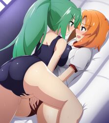 Rule 34 | 2girls, ass, asymmetrical docking, back, bloomers, blue eyes, blush, breast press, breasts, closed eyes, closed mouth, clothed sex, dutch angle, fingering, fingering each other, fingering through clothes, green eyes, green hair, gym uniform, highres, higurashi no naku koro ni, kneeling, large breasts, long hair, lying, medium breasts, medium hair, motion lines, multiple girls, mutual masturbation, on back, on bed, open mouth, orange hair, paid reward available, pants, paradox 1818, ponytail, pussy juice on face, red pants, ryuuguu rena, school swimsuit, sex fight, shirt, socks, sonozaki mion, sweat, swimsuit, tagme, tearing up, tears, thighs, through clothes, underwear, white shirt, white socks, yuri