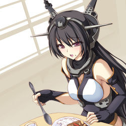 Rule 34 | 10s, 1girl, bare shoulders, black hair, blush, breasts, curry, eating, elbow gloves, fingerless gloves, food, food on face, gloves, hair ornament, kantai collection, large breasts, long hair, nagato (kancolle), open mouth, personification, plate, red eyes, rice, solo, spoon, tenmaso