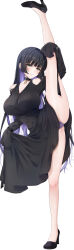 Rule 34 | 1girl, absurdres, black choker, black dress, black footwear, black hair, blush, bocchi the rock!, breasts, choker, closed mouth, collarbone, commentary request, dress, ear piercing, full body, green eyes, high heels, highres, large breasts, long hair, long sleeves, looking at viewer, mouth piercing, pa-san, panties, piercing, purple panties, sleeves past fingers, sleeves past wrists, smile, solo, split, standing, standing on one leg, standing split, thighs, underwear, yoru0409