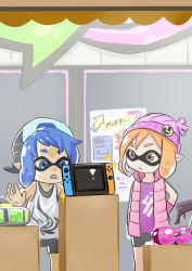 Rule 34 | 1boy, 1girl, against glass, arm behind back, baseball cap, beanie, bike shorts, black shorts, blue eyes, blue hair, expressionless, fangs, flat color, hand on back, handheld game console, hat, inkling, inkling boy, inkling girl, inkling player character, joy-con, nintendo, nintendo switch, open mouth, orange eyes, orange hair, pink hat, pointy ears, shirt, shorts, sparkle, splatoon (series), splatoon 2, standing, storefront, tentacle hair, thick eyebrows, waha (artist), wristband