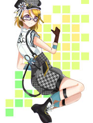 Rule 34 | 1girl, :o, alternate hairstyle, artist name, artist request, back bow, bare legs, bare shoulders, black footwear, blush, boots, bow, bowtie, braid, breasts, brown gloves, brown hair, buttons, center frills, cross-laced footwear, detached collar, detective, detective in training (love live!), dress, female focus, frilled dress, frills, from behind, full body, fur-trimmed gloves, fur trim, glasses, gloves, green bow, green legwear, grey pants, grey shorts, hair between eyes, hair ornament, hairclip, hat, hat bow, hat ribbon, koizumi hanayo, looking at viewer, looking back, love live!, love live! school idol festival, love live! school idol festival all stars, love live! school idol project, magnifying glass, pants, parted lips, peaked cap, puffy shorts, purple bow, purple eyes, purple hat, ribbon, scissors hair ornament, short hair, shorts, single braid, sleeveless, sleeveless dress, smile, solo, twin braids, twintails, white background, white detached collar, white dress, white ribbon, x hair ornament