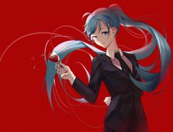 Rule 34 | alcohol, aqua eyes, aqua hair, arm behind back, black necktie, black suit, chinese commentary, commentary, cup, drinking glass, formal, hatsune miku, highres, holding, holding cup, jijing zishui, long hair, looking at viewer, necktie, red background, smile, splashing, suit, twintails, upper body, very long hair, vocaloid, wine, wine glass