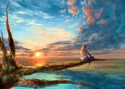 Rule 34 | 1girl, bare legs, bare tree, barefoot, blonde hair, cloud, facing away, from behind, gradient sky, grass, hand on own knee, highres, horizon, in tree, kaze minoru so-ru, long hair, moss, original, outdoors, reflection, scenery, shirt, short sleeves, sitting, sitting in tree, sky, solo, sun, sunset, tree, twilight, water, white shirt