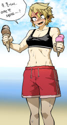 Rule 34 | 1girl, absurdres, beach, black sports bra, blonde hair, blush, breasts, collarbone, crossdressing, day, drawstring, fang, feet out of frame, food, hair between eyes, hair ornament, hairclip, highres, holding, holding food, holding ice cream, ice cream, ice cream cone, jeong harim, language request, male swimwear, midriff, navel, nervous, open mouth, outdoors, parkgee, red male swimwear, red swim trunks, sand, short hair, smile, solo, sports bra, suicide boy, sweat, sweatdrop, swim trunks, swimsuit, tomboy, translation request