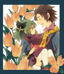 Rule 34 | 1boy, 1girl, alvin (tales), bad id, bad pixiv id, brown hair, carrying, creature, elize lutus, closed eyes, facial hair, flower, goatee, princess carry, ribbon, smile, tales of (series), tales of xillia, tales of xillia 2, teepo (tales), yachi kou