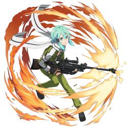 Rule 34 | 1girl, anti-materiel rifle, black footwear, black gloves, blue eyes, blue hair, bolt action, fingerless gloves, full body, gloves, green jacket, green legwear, gun, hair ornament, hairclip, highres, holding, holding gun, holding weapon, jacket, leg up, looking at viewer, official art, open clothes, open jacket, pgm hecate ii, rifle, scarf, short hair with long locks, sidelocks, sinon, sniper rifle, solo, sword art online, sword art online: memory defrag, thigh strap, transparent background, weapon, white scarf