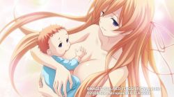 Rule 34 | 1girl, baby, blonde hair, blue eyes, breast sucking, breastfeeding, breasts, censored, chaos;child, collarbone, hair between eyes, hair over breasts, hair over one breast, hair ribbon, holding, huge breasts, kurusu nono, large breasts, long hair, mother and son, nude, official art, ribbon, sasaki mutsumi, smile, solo focus, standing