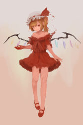 Rule 34 | absurdres, alternate costume, bare legs, bare shoulders, beige background, blood, blood on clothes, blood on hands, breasts, closed mouth, collarbone, crystal, dissolving clothes, dress, flandre scarlet, frilled dress, frilled hat, frills, full body, gathers, hat, hat ribbon, highres, long fingers, looking at viewer, mary janes, mob cap, off-shoulder dress, off shoulder, one side up, red dress, red eyes, red footwear, red ribbon, ribbon, shoes, short hair, sidelocks, simple background, skirt hold, small breasts, smirk, touhou, wings, xii yashizhongzhan