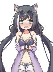 Rule 34 | 1girl, animal ear fluff, animal ears, bare shoulders, bikini, black hair, blue bikini, blush, breasts, cat ears, cleavage, collarbone, commentary request, eyewear on head, fang, green eyes, hair between eyes, hair ribbon, jacket, karyl (princess connect!), karyl (summer) (princess connect!), long hair, looking at viewer, low twintails, medium breasts, multicolored hair, open clothes, open jacket, princess connect!, purple jacket, ribbon, shorts, sidelocks, simple background, skin fang, solo, sunglasses, swimsuit, tearing up, toro th, twintails, two-tone hair, wavy mouth, white background, white hair, white shorts