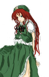 Rule 34 | 1girl, arms behind back, blue eyes, bow, braid, china dress, chinese clothes, dress, female focus, hair bow, own hands clasped, hat, hong meiling, long hair, own hands together, red hair, sketch, solo, star (symbol), embodiment of scarlet devil, touhou, twin braids