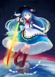 Rule 34 | 1girl, blue hair, boots, bow, cross-laced footwear, food, fruit, hat, hinanawi tenshi, keystone, lace-up boots, long hair, looking at viewer, mozukuzu (manukedori), peach, red eyes, short sleeves, sky, smile, solo, star (sky), starry sky, sword of hisou, touhou, weapon