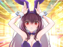 Rule 34 | 1girl, animal ears, armpits, arms up, bad id, bad pixiv id, bare shoulders, blush, breasts, cleavage, detached collar, emotional engine - full drive, fake animal ears, fate/grand order, fate (series), hair between eyes, hands up, large breasts, leotard, long hair, looking at viewer, official alternate costume, open mouth, playboy bunny, purple hair, purple leotard, rabbit ears, rabbit pose, red eyes, scathach (fate), scathach (piercing bunny) (fate), solo, sow mhxx, upper body, wrist cuffs