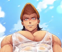 Rule 34 | 1boy, bara, black hair, brown eyes, brown hair, cloud, cloudy sky, commentary request, covered abs, danganronpa (series), from below, highres, large pectorals, male focus, medium hair, muscular, muscular male, owada mondo, p3ta (yio), pectoral cleavage, pectoral focus, pectorals, pompadour, seductive smile, see-through, shirt, sidepec, sky, smile, solo, tank top, upper body, wet, wet clothes, wet shirt, white tank top