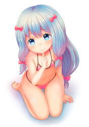 Rule 34 | 10s, 1girl, bare arms, bare legs, bare shoulders, barefoot, bikini, blue eyes, bow, closed mouth, eromanga sensei, feet, female focus, finger to mouth, flat chest, full body, hair between eyes, hair bow, izumi sagiri, kbisuco, long hair, looking at viewer, low-tied long hair, seiza, shiny skin, silver hair, sitting, smile, soles, solo, swimsuit, thigh gap, toes, white background