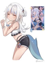 Rule 34 | 3girls, bare arms, bare shoulders, black shorts, blue hair, blunt bangs, bracelet, breasts, closed eyes, commentary, dancing, derivative work, dot nose, fins, fish tail, gawr gura, hair ornament, hairclip, highres, hololive, hololive english, hololive summer 2023 swimsuit, jewelry, medium hair, multicolored hair, multiple girls, navel, ninomae ina&#039;nis, reference inset, screenshot redraw, shark hair ornament, shark tail, short shorts, shorts, simple background, small breasts, smile, sobbi11, solo focus, streaked hair, tail, twitter username, two side up, virtual youtuber, white background, white hair