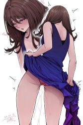Rule 34 | 1girl, artist name, ass, back, bare shoulders, breasts, brown hair, clothes lift, dated, dress, dress lift, female focus, frilled dress, frills, from behind, hair between eyes, half-closed eyes, heart, highres, kokomachi, lifting own clothes, long hair, multiple views, open mouth, original, panties, pee, peeing, peeing self, pink panties, purple dress, purple eyes, purposeful wetting, sidelocks, signature, simple background, sleeveless, sleeveless dress, small breasts, standing, teeth, trembling, underwear, wet, wet clothes, wet panties, white background