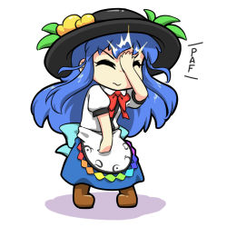 Rule 34 | 1girl, black headwear, blouse, blue hair, blue skirt, bow, bowtie, closed eyes, commentary, english commentary, facepalm, food, fruit, full body, hinanawi tenshi, leaf, long hair, peach, puffy short sleeves, puffy sleeves, rakkidei, red bow, red bowtie, shirt, short sleeves, simple background, skirt, solo, standing, touhou, v-shaped eyebrows, white background, white shirt