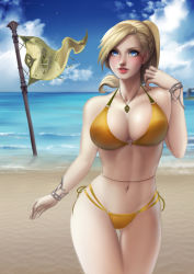 Rule 34 | 10s, 1girl, absurdres, arm up, aya foxheart, beach, bikini, blonde hair, blue eyes, bracelet, breasts, cleavage, cowboy shot, day, final fantasy, final fantasy xiv, highres, hyur, jewelry, large breasts, looking at viewer, navel, necklace, outdoors, ponytail, ragecndy, solo, swimsuit, water