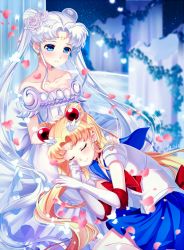 Rule 34 | 2girls, bad id, bad pixiv id, bare shoulders, bishoujo senshi sailor moon, blonde hair, blue eyes, blue sailor collar, blue skirt, bow, choker, collarbone, crescent, crescent facial mark, double bun, dress, dual persona, earrings, elbow gloves, closed eyes, facial mark, felicia-val, flower, forehead mark, gloves, hair flower, hair ornament, hairpin, jewelry, long hair, multiple girls, pleated skirt, princess serenity, red bow, rose, sailor collar, sailor moon, signature, skirt, smile, strapless, strapless dress, tsukino usagi, twintails, white dress, white flower, white gloves, white hair, white rose