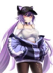Rule 34 | 1girl, absurdres, alternate costume, animal ears, bare shoulders, black pantyhose, candy, casual, casul, cat ears, choker, chupa chups, collarbone, commentary request, contemporary, fake animal ears, food, genshin impact, hair between eyes, hands in pockets, hat, highres, keqing (genshin impact), lollipop, long hair, long sleeves, looking at viewer, mitsudomoe (shape), mouth hold, off-shoulder jacket, off-shoulder shirt, off shoulder, pantyhose, pocket, purple eyes, purple hair, shaded face, shirt, sidelocks, simple background, solo, spaghetti strap, tomoe (symbol), twintails, white background, zipper