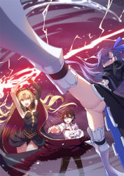 Rule 34 | 1boy, 2girls, animal, arms up, ass, blonde hair, blue eyes, bow, cape, carrying, electricity, ereshkigal (fate), fate/grand order, fate (series), foreshortening, fou (fate), fujimaru ritsuka (male), fur trim, hair bow, highres, long hair, meltryllis (fate), multiple girls, open mouth, orange eyes, prosthesis, prosthetic leg, purple hair, spikes, tiara, two side up, weapon, xion32