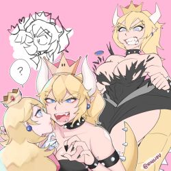 Rule 34 | 2girls, abs, bare shoulders, bowsette, bracelet, breasts, crown, dress, eyebrows, fangs, forked eyebrows, highres, horns, jewelry, kyou (ningiou), large breasts, mario (series), multiple girls, nail polish, new super mario bros. u deluxe, nintendo, ponytail, princess peach, spiked bracelet, spikes, super crown, thick eyebrows, torn clothes, yuri