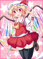 Rule 34 | 1girl, ascot, black thighhighs, blonde hair, blush, clothes lift, collarbone, crystal, fang, female focus, flandre scarlet, fookun, framed, hat, hat ribbon, highres, jumping, naba (take tonbo), one eye closed, open mouth, outside border, pink eyes, puffy sleeves, ribbon, sash, shirt, short hair, short sleeves, side ponytail, skirt, skirt lift, skirt set, smile, solo, thighhighs, touhou, v, wings, wink, wrist cuffs, wrist ribbon, zettai ryouiki