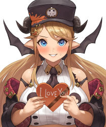 Rule 34 | 1girl, black horns, black necktie, blonde hair, blue eyes, blush, breasts, draph, english text, granblue fantasy, hair ornament, hallessena, heart, holding, horns, large breasts, long hair, long sleeves, looking at viewer, necktie, nhaliz, off shoulder, parted lips, pointy ears, smile, solo, sweatdrop