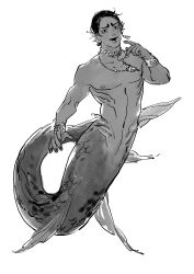 Rule 34 | 1boy, bracer, chengongzi123, commentary, earrings, fins, full body, golden kamuy, greyscale, hand up, head fins, highres, jewelry, koito otonoshin, looking at viewer, male focus, merman, monochrome, monster boy, monsterification, neck ring, necklace, nipples, open mouth, pendant, scales, short hair, simple background, single earring, symbol-only commentary, very short hair, white background