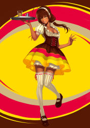 Rule 34 | 1girl, ahoge, breasts, brown eyes, brown hair, cleavage, coffee, dark-skinned female, dark skin, dirndl, full body, german clothes, headband, highres, lace, lace-trimmed legwear, lace trim, mary janes, ogami, patterned legwear, ponytail, puffy sleeves, shoes, skirt, smile, solo, striped clothes, striped thighhighs, thighhighs, traditional clothes, tray, underbust, vertical-striped clothes, vertical-striped thighhighs, waitress, yukico-tan, yukijirushi