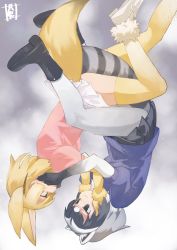 Rule 34 | 10s, 2girls, animal ears, artist request, black eyes, black hair, black skirt, blonde hair, boots, colored skin, commentary, common raccoon (kemono friends), elbow gloves, eye contact, fennec (kemono friends), fox ears, fox tail, fur trim, gloves, grey hair, hands on another&#039;s face, highres, kemono friends, looking at another, multicolored hair, multiple girls, pantyhose, pleated skirt, puffy short sleeves, puffy sleeves, raccoon ears, raccoon tail, short hair, short sleeves, signature, skirt, smile, striped tail, tail, thighhighs, upside-down, white legwear, white skin, yellow gloves, yellow legwear, yuri
