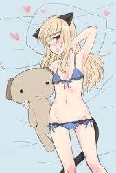 Rule 34 | 1girl, animal ears, aohashi ame, arm behind head, bed, blue bra, blue panties, blush, bra, breasts, cat ears, cat tail, commentary request, from above, front-tie top, glasses, heart, holding, holding stuffed toy, lace, lace bra, long hair, looking away, lowleg, lowleg panties, lying, on back, open mouth, panties, perrine h. clostermann, pillow, side-tie panties, small breasts, solo, strike witches, stuffed animal, stuffed toy, tail, teddy bear, underwear, underwear only, world witches series