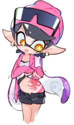 Rule 34 | 1girl, amiami, black hair, black undershirt, callie (splatoon), clothes lift, commentary request, cropped legs, earrings, eyewear on head, fang, flat chest, inkling girl, inkling player character, jewelry, long hair, looking down, lower teeth only, mole, mole under eye, multicolored hair, nintendo, octopus tattoo, panties, pink beanie, pink panties, pink sweater, pointy ears, purple hair, shirt, shirt lift, short shorts, shorts, simple background, solo, splatoon (series), standing, star-shaped pupils, star (symbol), sweater, symbol-shaped pupils, teeth, tentacle hair, two-tone hair, underwear, white background, white shirt, wrap-around shades, yellow eyes