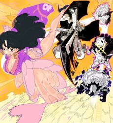 Rule 34 | 1girl, 4boys, ass, attack, bare legs, bartholomew kuma, black hair, boa hancock, breasts, cleavage, closed eyes, donquixote doflamingo, dracule mihawk, dress, drill hair, emphasis lines, facial hair, floating hair, gecko moria, hat, highres, holding, holding sword, holding weapon, incoming attack, jewelry, jumping, large breasts, long hair, looking at viewer, multiple boys, muscular, mustache, necklace, one piece, oversized object, pelvic curtain, plume, revealing clothes, shiny skin, short hair, simple background, sword, taku (aywakutakuay), very long hair, weapon