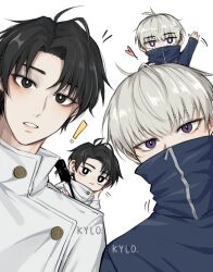 Rule 34 | !, 4boys, absurdres, arm up, black eyes, black hair, blush, chibi, chibi on head, closed mouth, covered mouth, dual persona, grey hair, head rest, heart, high collar, highres, inumaki toge, jacket, jujutsu kaisen, jujutsu tech uniform, kyllooelo, long sleeves, looking at viewer, male focus, mini person, miniboy, multiple boys, okkotsu yuuta, on head, open mouth, parted bangs, purple eyes, short hair, simple background, sword, waving, weapon, weapon on back, white background, white jacket