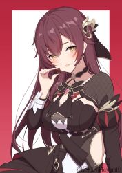 Rule 34 | 1girl, :d, absurdres, artist name, border, breasts, brown dress, brown hair, chocolate, cleavage cutout, clothing cutout, dress, eden (honkai impact), food, hair ornament, highres, holding, holding food, honkai (series), honkai impact 3rd, kenjirohayamiti, large breasts, long hair, long sleeves, open mouth, red border, smile, solo, twitter username, white background, yellow eyes