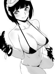 Rule 34 | 1girl, bikini, bob cut, breasts, cleavage, collarbone, commentary, earrings, gloves, goggles, goggles on head, goshiki suzu, greyscale, hand up, highres, jewelry, large breasts, looking at viewer, micro bikini, monochrome, navel, original, short hair, smile, solo, swimsuit