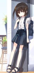 Rule 34 | 1girl, backpack, bag, black footwear, black hair, black shorts, brown eyes, closed mouth, commentary request, full body, hair between eyes, hair ornament, hairclip, highres, looking at viewer, one side up, original, plant, pleated shorts, potted plant, sandals, shiho (yuuhagi (amaretto-no-natsu)), shirt, shorts, solo, standing, white shirt, yuuhagi (amaretto-no-natsu)