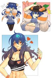 Rule 34 | !, !!, 2girls, alternate costume, black choker, black headwear, blue eyes, blue hair, blue nails, blue skirt, bra, breasts, character name, choker, cleavage, commentary, earrings, english commentary, flying sweatdrops, food, fruit, heart, highres, hinanawi tenshi, jewelry, large breasts, leaf, long hair, long sleeves, looking at viewer, medium breasts, meme attire, mole, mole under eye, multiple girls, nail polish, navel, orange bra, pantyhose, peach, red eyes, skirt, sleeves past fingers, sleeves past wrists, tank top, tomatolover16, touhou, underwear, virgin killer sweater, yorigami shion