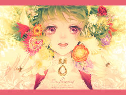 Rule 34 | 1girl, :d, brooch, choker, daisy, eyelashes, fingernails, flower, green hair, jewelry, kazami yuuka, lace, letterboxed, lips, mochinue, open mouth, portrait, purple eyes, red flower, red rose, ring, rose, short hair, smile, solo, touhou