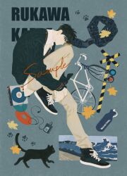 Rule 34 | 1boy, absurdres, animal, aran sweater, autumn leaves, bicycle, black eyes, black footwear, black hair, black scarf, black sweater, bottle, cable knit, cat, character name, chengongzi123, collared shirt, full body, grey background, highres, invisible chair, knee up, long sleeves, looking at viewer, male focus, paw print, rukawa kaede, sample watermark, scarf, shirt, shoes, short hair, simple background, sitting, slam dunk (series), sneakers, solo, sweater, very short hair, water, water bottle, watermark, waves, white shirt