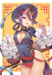 Rule 34 | 1girl, beret, blush, braid, breasts, china dress, chinese clothes, cleavage cutout, clothing cutout, covered navel, dress, eyeliner, fate/grand order, fate (series), hat, horns, jiangshi, long sleeves, looking at viewer, makeup, nail polish, ofuda, oni, peacock feathers, pelvic curtain, pointy ears, purple dress, purple eyes, purple hair, qingdai guanmao, short dress, short eyebrows, short hair, shuten douji (fate), shuten douji (festival outfit) (fate), skin-covered horns, small breasts, smile, solo, teddy (khanshin), thighs, tongue, tongue out, twin braids, yellow background