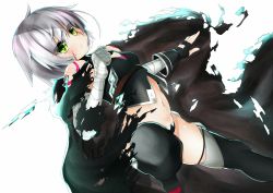 Rule 34 | 1girl, bandages, bare shoulders, black panties, black thighhighs, blush, breasts, cape, fate/apocrypha, fate/grand order, fate (series), gloves, green eyes, highres, jack the ripper (fate/apocrypha), looking at viewer, navel, panties, scar, short hair, silver hair, simple background, small breasts, solo, thighhighs, underwear, white background