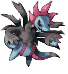 Rule 34 | black sclera, black tail, blue tail, colored sclera, commentary, creatures (company), dragon, dragon tail, english commentary, fangs, full body, game freak, gen 5 pokemon, hydreigon, multicolored tail, multiple heads, nintendo, no humans, pokemon, pokemon (creature), purple eyes, purple tail, sailorclef, sharp teeth, simple background, solo, tail, teeth, white background, wings