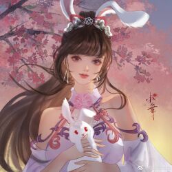 Rule 34 | 1girl, absurdres, animal, animal ears, bao jin wu tutu, bare shoulders, branch, brown hair, cherry blossoms, closed mouth, douluo dalu, dress, earrings, highres, holding, holding animal, jewelry, long hair, pink eyes, rabbit, rabbit ears, smile, solo, upper body, white dress, xiao wu (douluo dalu)