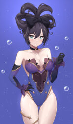 Rule 34 | 1girl, absurdres, alternate hairstyle, aqua eyes, bare legs, bare shoulders, black bow, black choker, black hair, blue background, blue leotard, borrowed hairstyle, bow, breasts, bubble, choker, cinnamiku hairstyle, closed mouth, collarbone, detached sleeves, dot nose, feint721, genshin impact, gluteal fold, gold trim, green eyes, hair bow, hand on own hip, highres, leotard, medium breasts, mona (genshin impact), solo, thigh gap, thighlet, thighs, updo