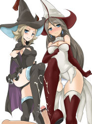 Rule 34 | 1boy, 2girls, agnes oblige, black panties, blonde hair, blue eyes, blush, bootjob, boots, bravely default: flying fairy, bravely default (series), breasts, brown hair, cape, censored, cleavage, cooperative footjob, cum, earrings, edea lee, ejaculation, elbow gloves, erection, footjob, gloves, hand on own hip, hat, high heel boots, high heels, highres, jewelry, long hair, momio, multiple girls, panties, pantyhose, pantyshot, penis, shoejob, short hair, simple background, square enix, thigh boots, thighhighs, underwear, white panties, witch, witch hat